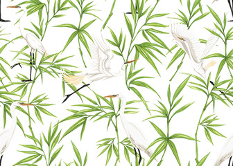 Fototapeta na wymiar Seamless pattern, background with tropical plants, flowers and birds. Colored vector illustration. Isolated on white background.
