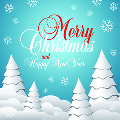 Merry Christmas and Happy New Year square social network post or banner template. Vector white christmas trees, snowflakes and snow on blue background