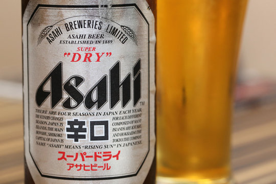 BANGKOK, THAILAND -FEBRUARY 2:Asahi Beer Bottle oan the Table in Bangkok