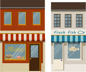 Vector illustration of various shops, stores and restraurants in apartment buildings