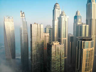 Dubai, Dubai / United Arab Emirates / 10 19 2019: Dubai Marina Towers Fog