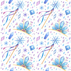 Tiaras, sticks and crystals hand drawn seamless pattern. Crystalline diadems, snowflakes and jewels color drawing. Fairy queen accessories texture. Wallpaper, wrapping paper design © Valin Malin