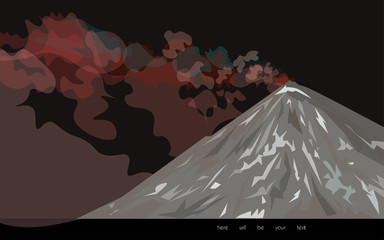 Image of a volcano on a dark background. Vector illustration is brown, black, red, crimson and pink colors. eps10