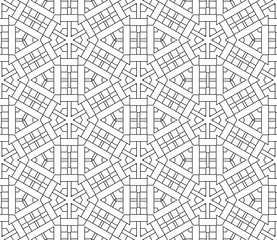 Thin line striped hexagon, triangle, rhombus seamless pattern. Linear geometric background. Wrapping paper. Vector illustration.      