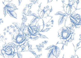 Fototapeta na wymiar Roses and spring flowers seamless pattern. Graphic drawing, engraving style. Vector illustration.