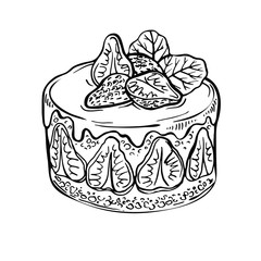 Sketch fruit cake, berry. hand drawn ink strawberry cake. illustration of baking. Cafe doodle menu.