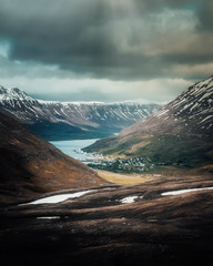 View of Seydisfjordur town from the top of the fjord