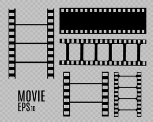Set of film vector stripes isolated on transparent background.Film strip roll. Vector cinema background.