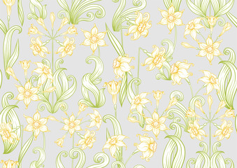 Fototapeta na wymiar Narcissus. Seamless pattern, background. Colored vector illustration. In art nouveau style, vintage, old, retro style. In soft yellow colors. On soft grey background