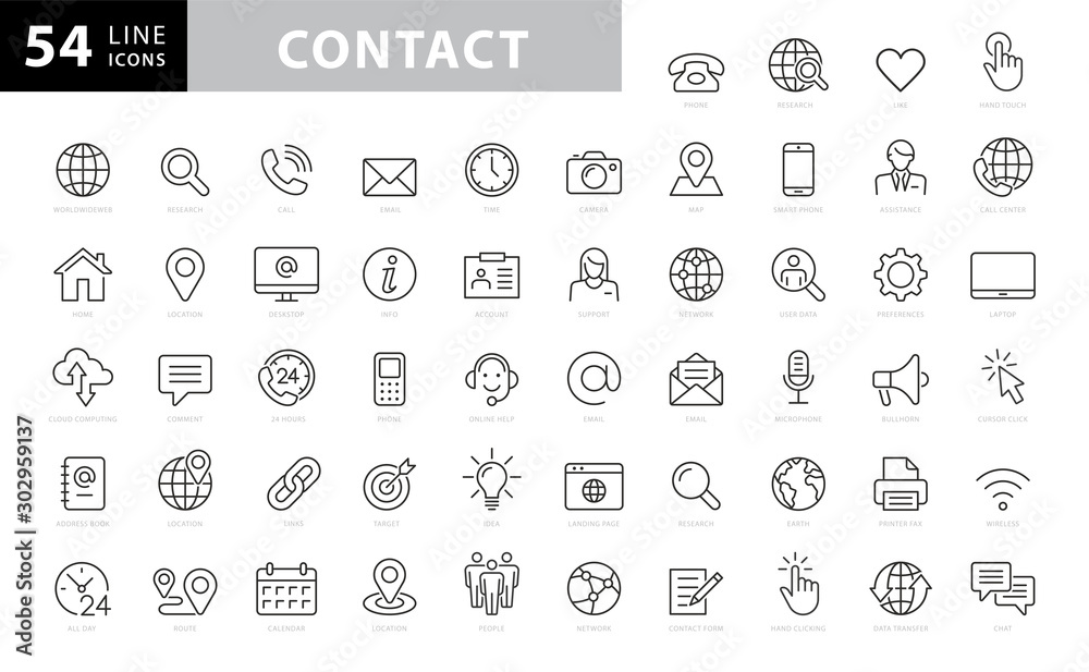 Poster set of 54 contact us web icons in line style. web and mobile icon. chat, support, message, phone. ve