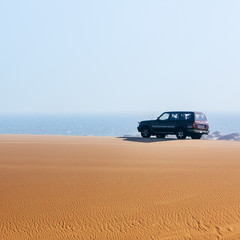 Fototapeta na wymiar Off road desert adventure, car and tracks on sand. 