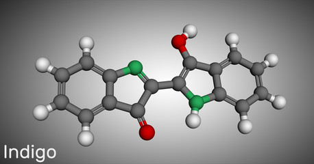 Indigo molecule. It is natural dye with a distinctive blue color. Molecule model