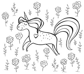 Magic cute unicorn on a flower field isolated on white. Hand drawn vector illustration. Perfect for print, coloring book, greeting card.