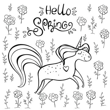 Magic cute unicorn, walking on the flower field and lettering Hello Spring isolated on white. Hand drawn vector illustration. Perfect for print, coloring book, greeting card.