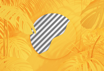 Advertising circle shape on yellow tropical leaf background.3D Render