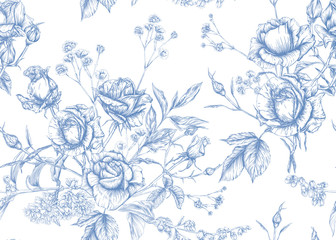 Rozen en lente bloemen naadloos patroon. Grafische tekening, graveerstijl. Vector illustratie.