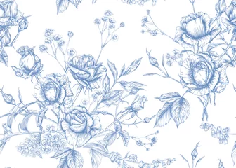 Foto op Plexiglas Rozen Rozen en lente bloemen naadloos patroon. Grafische tekening, graveerstijl. Vector illustratie.