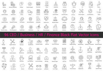 96 Ceo, HR, Business, Finance icons. Vector flat black contour icons. - 302962339