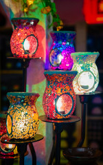 Glass lanterns as Christmas tree decorations in Christmas market at Germany in Europe winter....