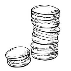 Hand drawn Sketch Cake macaron, macaroon isolated on white background.French pastry macarons