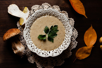 Delicious hot porcini puree soup, parsley as decor. Tasty seasonal meal, perfect light lunch. Fresh mashrooms illustrate ingredients. Concept of homemade food. Closeup, dark wooden background