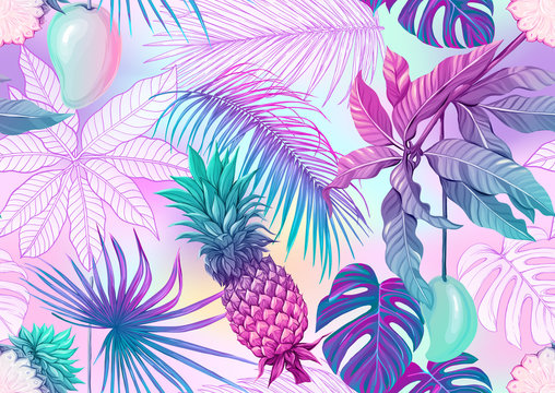 Tropical Plants And Flowers. Seamless Pattern, Background. Colored And Outline Design. Vector Illustration In Neon, Fluorescent Colors. On Mash Background..