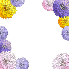 Floral design, square frame in asters and chrysanthemums. Vector template for cards and invitations. objects are not cropped. Flowers are hand-drawn and isolated.