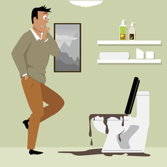 Horrified homeowner looking at a clogged toilet in his bathroom, EPS 8 vector illustration