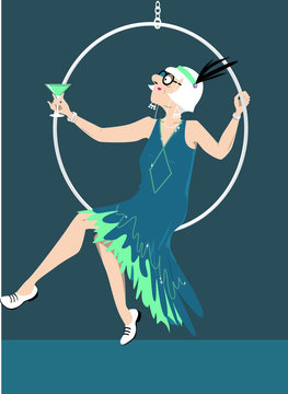 Elderly Woman In A Flapper Outfit With A Cocktail Sitting In A Hoop On Stage, EPS 8 Vector Illustration