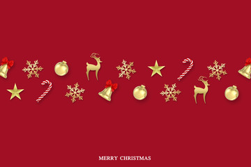 3d render Christmas Background.snowflakes,candy,bells,christmas ball and gold decorations on red background with text merry christmas. top view