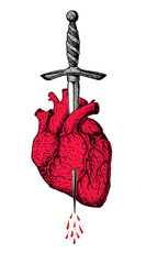 The human red heart is pierced with a dagger. Hand drawn vector illustration. Tattoo print.