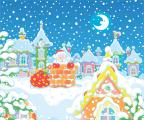The night before Christmas, Santa Claus looking out of a chimney on a snow-covered roof, vector cartoon illustration