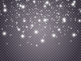 White sparks and golden stars glitter special light effect. Vector sparkles on transparent background. Christmas abstract pattern. Sparkling magic dust particles