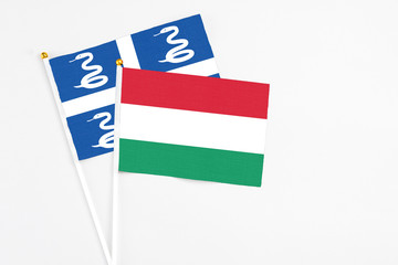 Hungary and Martinique stick flags on white background. High quality fabric, miniature national flag. Peaceful global concept.White floor for copy space.
