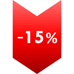 Sale - minus 15 percent - red gradient tag isolated - vector