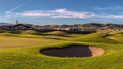 Fototapeta na wymiar Panorama frame Sand trap on a fairway of a golf course