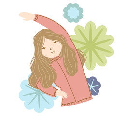body stretching exercise - health care activity concept beautiful girl is doing muscle stretching flat art style vector element in pastel soft color for relaxing feeling