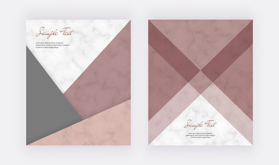 Geometric cover design with pink, rose gold triangular shapes and golden lines on the marble texture. Template for wedding invitation, blog posts, banner, card, save the date, poster, flyer	