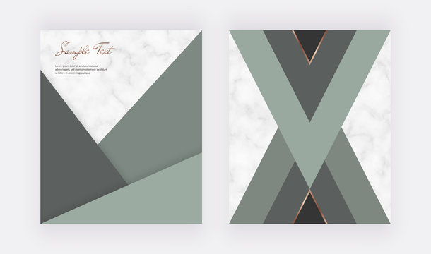 Geometric cover design with green triangular shapes and golden lines on the marble texture. Template for wedding invitation, blog posts, banner, card, save the date, poster, flyer	