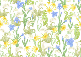 Spring flowers. Narcissus, Iris, lily of the valley, may-lily, Seamless pattern, background. Vector illustration. In art nouveau style, vintage, old, retro style. Isolated on white background..