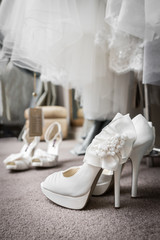 Pair of new elegant white wedding shoes 