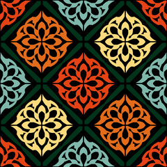 Seamless pattern with colorful ornament on a black background.