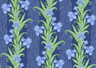 Iris flower, fleur-de-lis, flower-de-luce, flag. Seamless pattern, background. Colored vector illustration. In art nouveau style, vintage, old, retro style In blue and green colors..