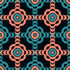 Bright pattern with intersecting geometric elements on a black background.