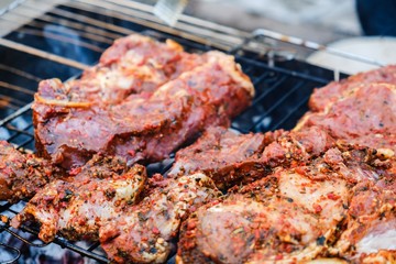 Raw meat beef steak grill,  fire.