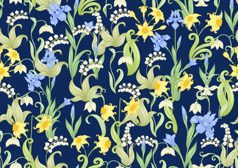 Spring flowers. Narcissus, Iris, lily of the valley, may-lily, Seamless pattern, background. Vector illustration. In art nouveau style, vintage, old, retro style. On navy blue background..