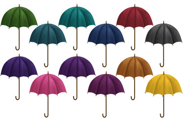 Big colorful retro umbrellas set. Clip art on white background