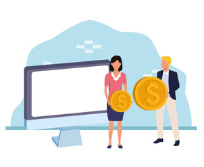 computer with avatar businesspeople with money coins