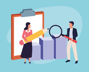 avatar business people standing with graphic bar charts and pencil