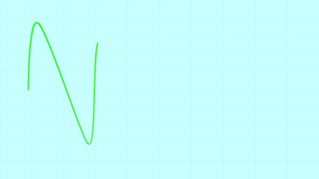 Green sine curve, harmonic wave on grid blue background. Motion graphic, intro, decaying wave.